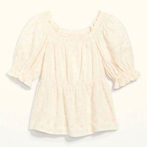 NWT Puff-Sleeve Smocked Embroidered Babydoll Blouse